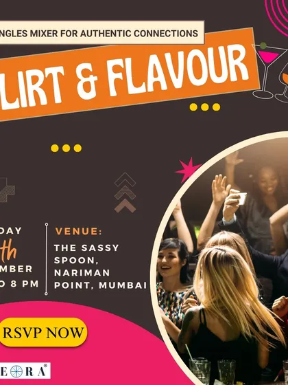 The main poster for 'Flirt & Flavour', detailing the date, venue, and the promise of an interactive cocktail-making session.