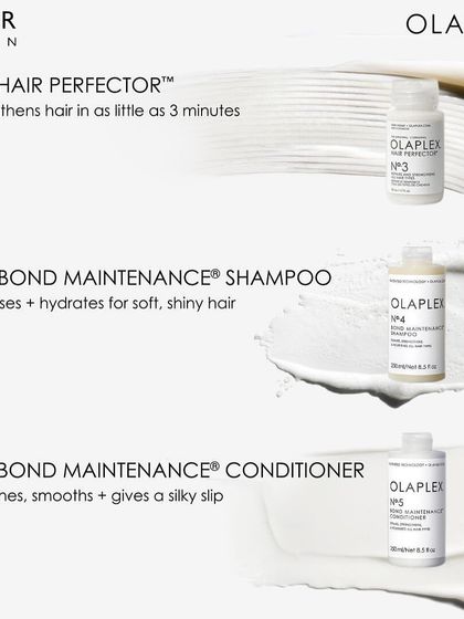 The core Olaplex routine for bond maintenance. Use No. 3 to repair, No. 4 to cleanse and hydrate, and No. 5 to nourish and smooth for visibly healthier hair.