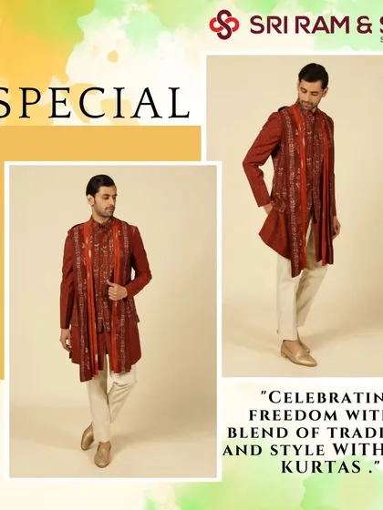 Celebrate freedom with a blend of tradition and style. This deep red Indo-Western kurta with an attached, printed stole is an elegant ensemble for a day of pride.