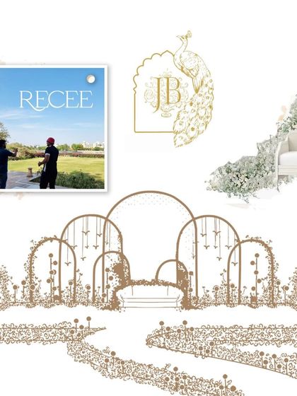 The design process begins with a "Recce" or venue visit, which inspires the initial sketches. This mood board shows the concept for a grand entrance archway, a custom monogram, and floral ideas for an outdoor ceremony.