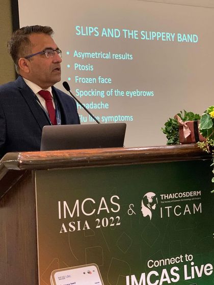 Lecturing at IMCAS Asia in Bangkok on the nuances of Botox treatment, including how to avoid common mistakes and achieve optimal, natural-looking results.