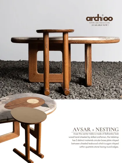 The 'Avsar' center table and nesting tables, crafted from Balharsha Teak. The main tabletop features five distinct materials, including circular brass plates and chiseled teakwood, all inlaid within quartzite stone for a truly unique finish.