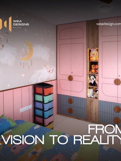 A promotional shot of the kids' room, highlighting the playful wallpaper and the custom wardrobe with open niches for displaying favorite toys.