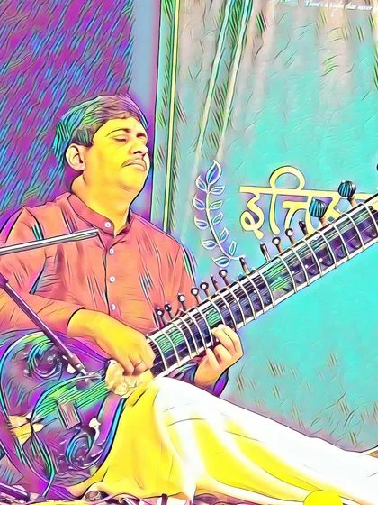 A colorful, artistic rendition of a performance photograph.