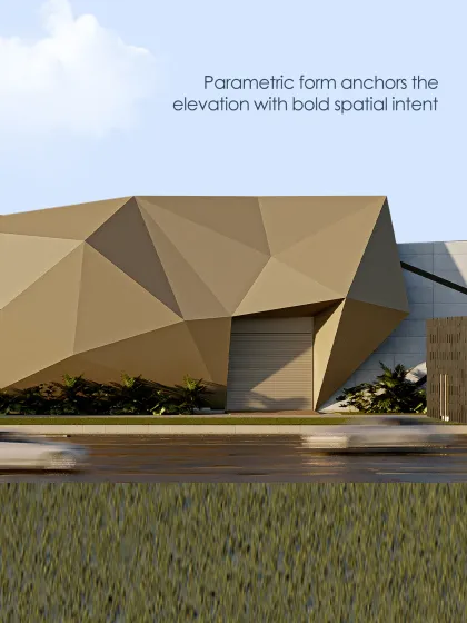 This upcoming project ventures into parametric design, featuring angular and faceted volumes that create a sculpted mass. Its desert-toned metal skin breaks the grid, turning a functional loading bay into a statement of deliberate spatial intent.