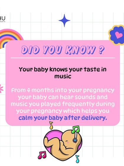 Your baby can hear sounds and music from four months into your pregnancy. Playing music that you enjoy can help calm your baby after delivery, as they will recognize the familiar tunes.
