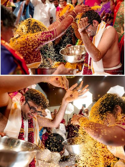 A collage showing the fun and playful 'Talambralu' ritual. The couple's laughter is infectious as they shower each other with rice.