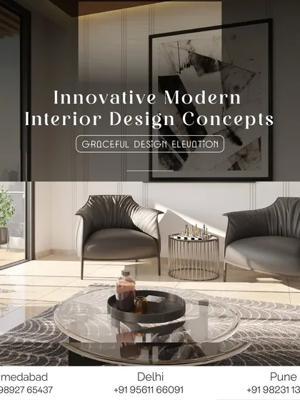 This marketing image showcases our innovative and modern interior design concepts for living spaces. It highlights a seating area with elegant leather armchairs and a view to an outdoor balcony, emphasizing graceful design elevation.