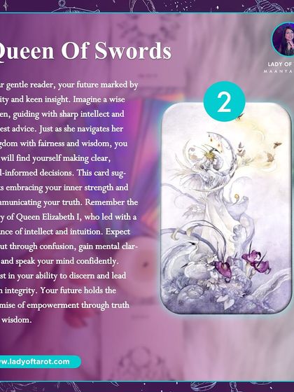 A message from the Queen of Swords. This card represents the power of clear, well-informed decisions. It encourages you to embrace your inner strength and communicate your truth with wisdom.