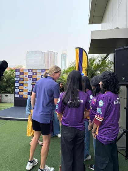 Our students interacting with attendees after performing at a Women’s Cricket Event. These opportunities help them learn to engage with an audience off-stage as well.