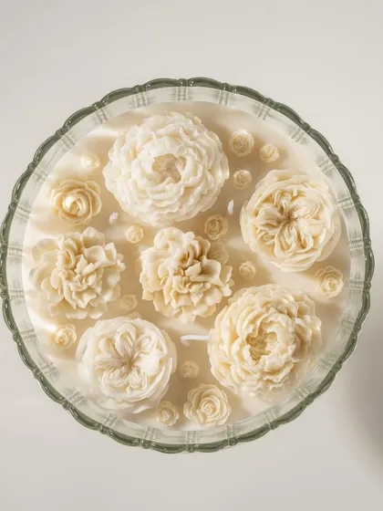 A top-down view of a large, multi-wick floral candle in a glass bowl. This symmetrical shot emphasizes the beautiful and complex design of this unique decor piece.