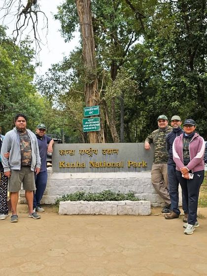 The group from our second Kanha batch, posing at the park entrance. The camaraderie on these trips is as memorable as the wildlife.