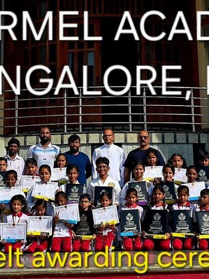 The belt awarding ceremony at Carmel Academy in Bangalore. It is a significant day for students, marking their progress, hard work, and dedication to the art of karate.