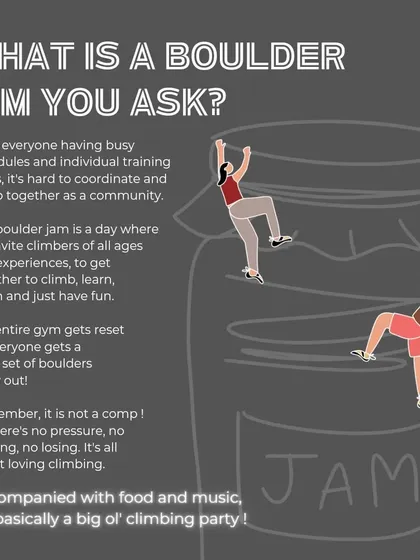 Ever wonder what a "Boulder Jam" is? It’s our signature event where we reset the entire gym with fresh routes and turn up the music for a day of community climbing. It's not a competition, so there's no pressure, just a fun day of climbing, food, and good vibes.