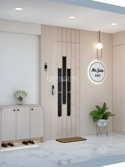 Your entrance is the first thing guests see. This 3D design shows a complete foyer solution with a modern safety door, a personalized backlit nameplate, and a custom shoe rack with seating, all in a clean, minimalist style.