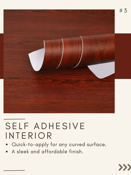 Self-adhesive interior films are a sleek and affordable finish for curved surfaces. They are quick to apply and come in a variety of finishes, like this rich wood grain.