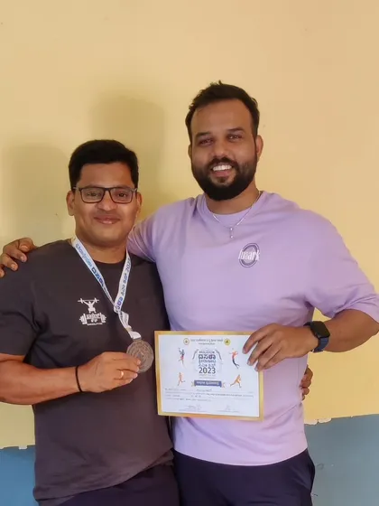 Posing with a silver medalist from our team at the Dasara CM Cup 2023. Our athletes represented the Bangalore urban division with great success.
