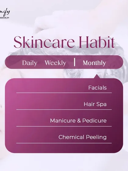 Good skincare is a habit. This graphic reminds you to incorporate monthly professional treatments like manicures and pedicures into your self-care routine for the best results.