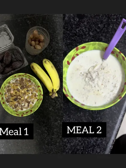 A look at meals 1 and 2 from Day 28 of my challenge. The first meal is muesli with fruits and nuts, and the second is a simple bowl of dahi. Nutrition is about consistency with simple foods.