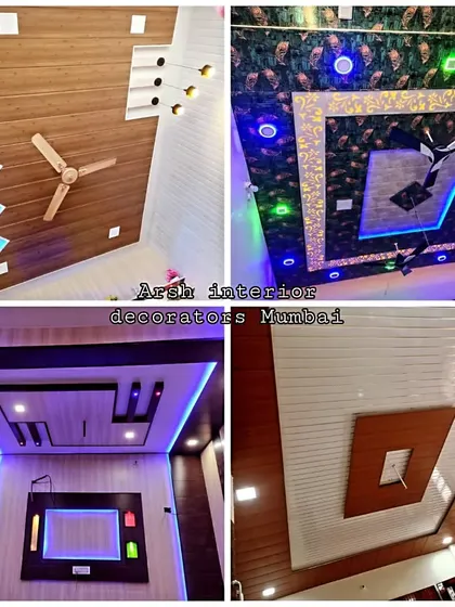 A collage showcasing the versatility of PVC ceiling designs. You can see examples with wood finishes, bold patterns, and creative lighting solutions that I can customize for your space.