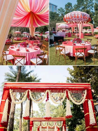 A collage of a pink and red themed outdoor event, showing round table setups under a draped canopy, custom-printed umbrellas, and a traditional floral entrance arch.