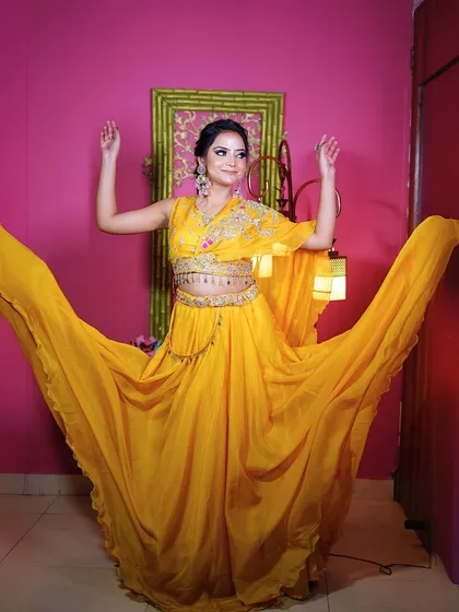 A fun, twirling shot that captures the joyful spirit of a Haldi ceremony.