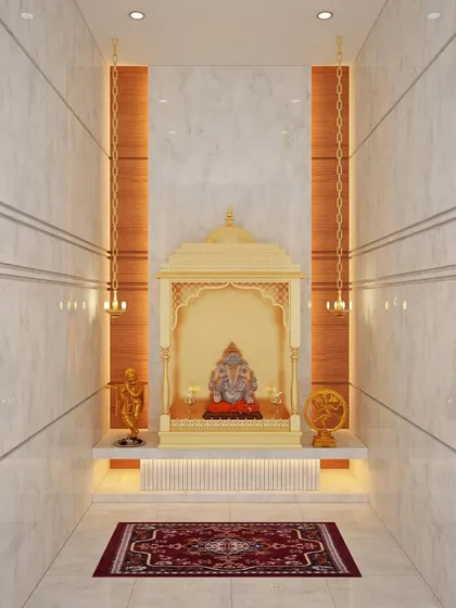 We brought the serene essence of traditional Indian temples into this penthouse pooja room. The design uses pristine white marble for the walls and floor, with warm wood accents and soft, focused lighting to create a peaceful and sacred space.