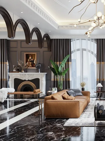 This visualization showcases the grand scale of the room, with its ornate fireplace and repeating archways. The render demonstrates the balance of classical architecture with modern furniture.