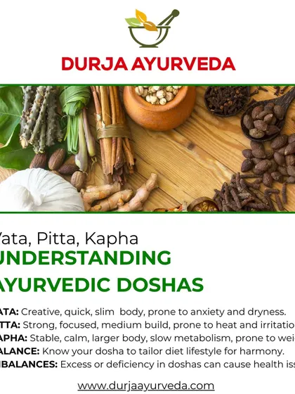 Understanding your unique body constitution, or Dosha, is the foundation of Ayurvedic healing. This visual introduces the three primary doshas: Vata, Pitta, and Kapha. A consultation with me will help identify your specific type and any imbalances.