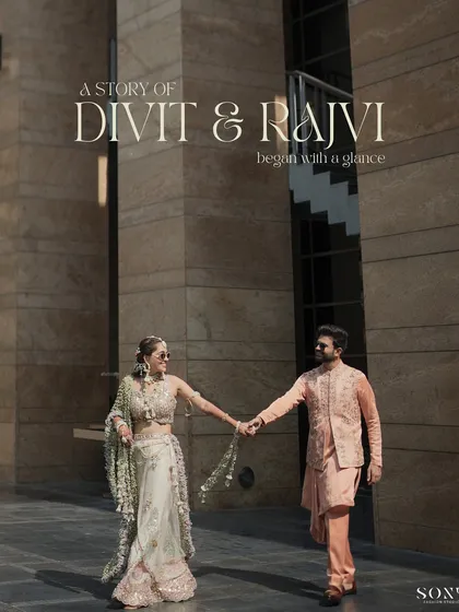 A stylish, magazine-style shot of the couple walking hand-in-hand against a modern architectural background. The text overlay adds a cinematic, story-like feel to the image.