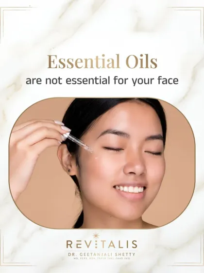 The Bottom Line: Essential Oils Are Not Essential for Your Face. A summary slide reinforcing the message to avoid using these potent oils in your facial skincare routine.