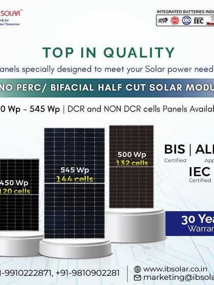 We offer a top-quality range of Mono PERC and bifacial half-cut solar modules from 450 Wp to 545 Wp. Available in both DCR and Non-DCR cell types, these panels are BIS, ALMM, and IEC certified and come with a 30-year warranty.
