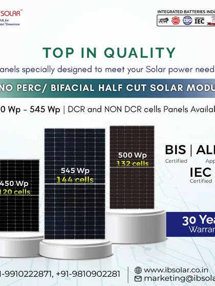 We offer a complete range of Mono PERC and Bifacial half-cut solar modules, from 450 Wp to 545 Wp. All our panels are BIS and IEC certified, and ALMM approved, ensuring they meet the highest standards of quality for your solar power needs.