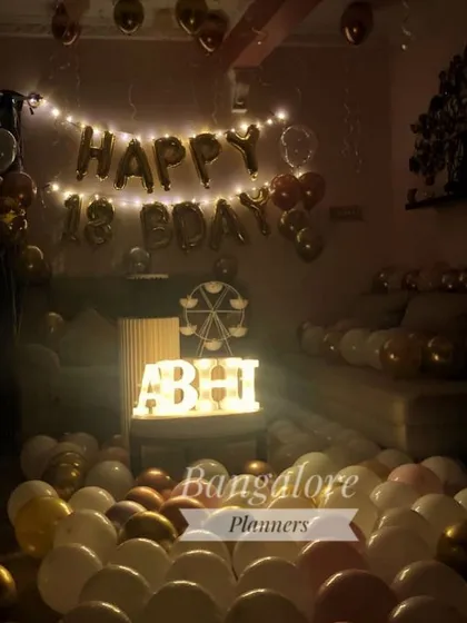 An 18th birthday is a huge milestone. I filled this room with balloons and used marquee letters and fairy lights to create a magical atmosphere for the celebration.