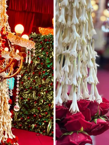 A close up look at the floral details. I love combining the fragrant purity of tuberose strings with the deep passion of red roses, creating a classic and powerful combination for any devotional event decor.
