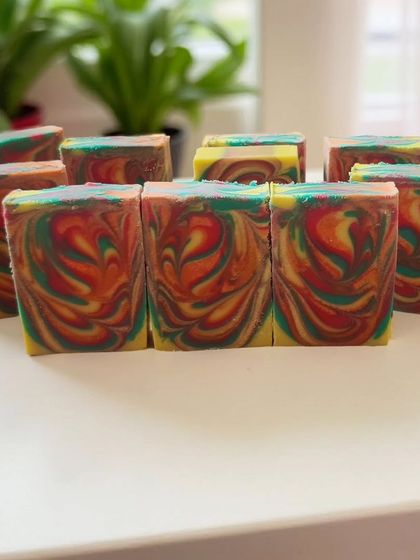 Another shot of a student's stunning first attempt at a swirled cold process soap.