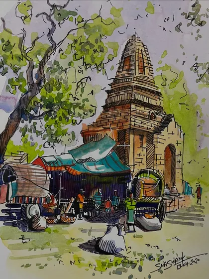A watercolor and pen illustration of a temple scene. The ink lines provide structure, while the watercolor adds life and atmosphere.