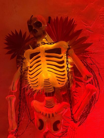 A skeleton prop with feathered wings, illuminated by eerie red light.