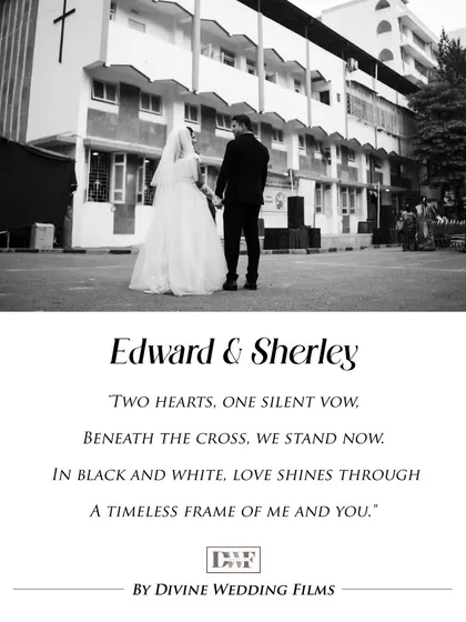 A timeless black and white portrait of the couple outside the church, with a poem that beautifully captures their silent vow.