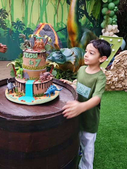 The birthday boy, Tegh, looking at his amazing dinosaur cake. It's a joy to create something that captures a child's imagination.