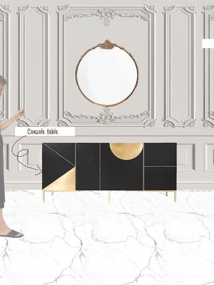 Here, I've detailed key elements for a Neoclassical entryway. The mood board highlights a modern console table with geometric brass inlays, set against a wall with classic molding and flanked by elegant wall sconces.