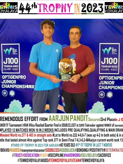 A tremendous effort from Aarjun Pandit to secure 3rd place at the J100 Junior ITF tournament in Iran. He won 10 out of 12 matches over two weeks against top-ranked international players.