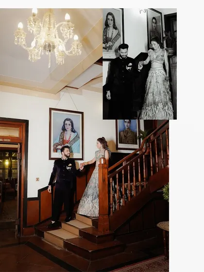 A collage showing a couple on a grand staircase, blending a modern color photo with a classic black and white inset, creating a timeless feel.