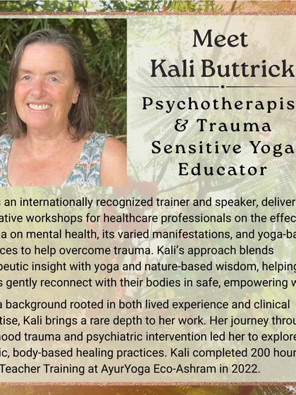 Meet Kali Buttrick, a psychotherapist and Trauma-Sensitive Yoga Educator. Her approach blends therapeutic insight with yoga and nature-based wisdom, helping others gently reconnect with their bodies in safe, empowering ways.