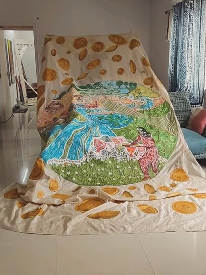 "Marudham" depicts the fertile farmlands and marketplace. Instead of focusing on romantic conflict, my version celebrates the woman entrepreneur. The central figure is a boss lady, in control of her own economy and destiny.