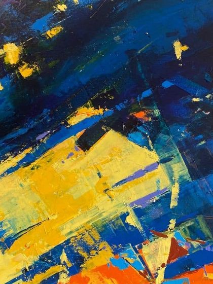 This vibrant abstract from my 'Confluence' series was shot in my living room before being dispatched to its new owner. The dynamic interplay of yellow and blue brings incredible energy to a space.
