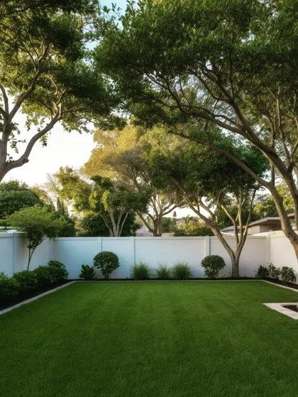 A clean and simple backyard design with a healthy lawn and a few mature trees. The white wall provides a clean backdrop, making the space feel open and serene.