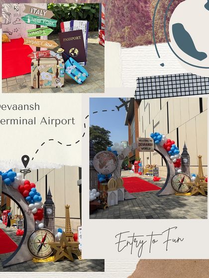 A closer look at the travel-themed entrance decor. The setup included a custom arch, a world globe, and props like Big Ben and a compass, all designed to create the perfect photo opportunity and build excitement.