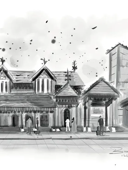 A black and white version of my Bandra Station illustration. This monochromatic take emphasizes the architectural details and timeless quality of the heritage building.