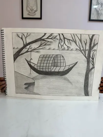 Another beautiful creation by a student, this time a serene boat scene with lovely details on the trees.